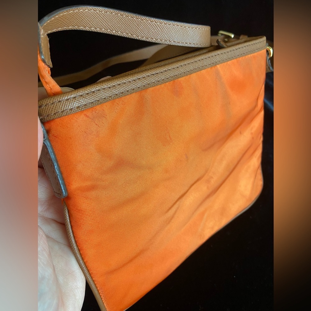 Michael Kors Kempton Orange Nylon British Tan Leather Pocket Crossbody Bag - Picture 7 of 14